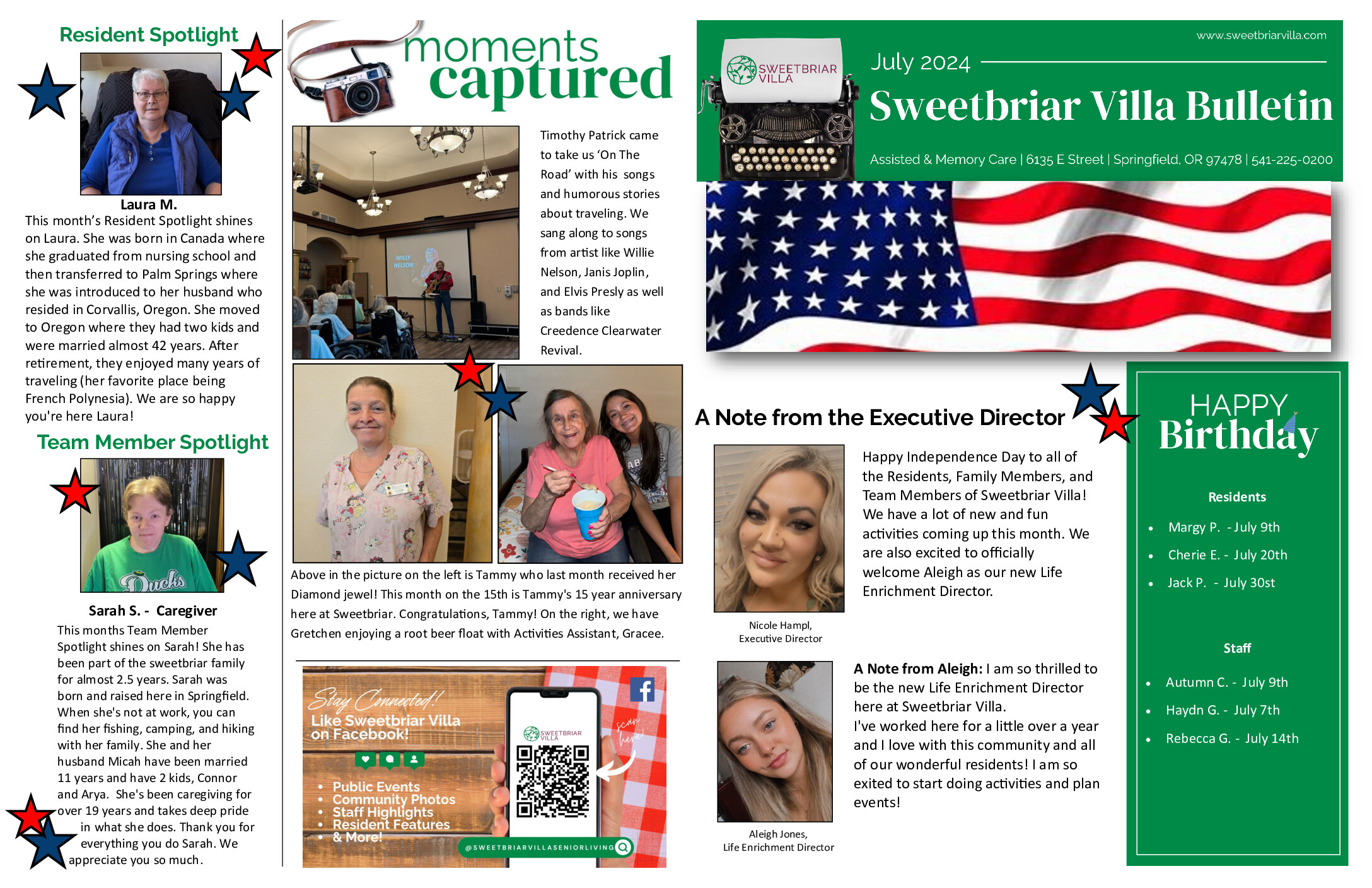 Sweetbriar Villa Bulletin, birthday celebrants